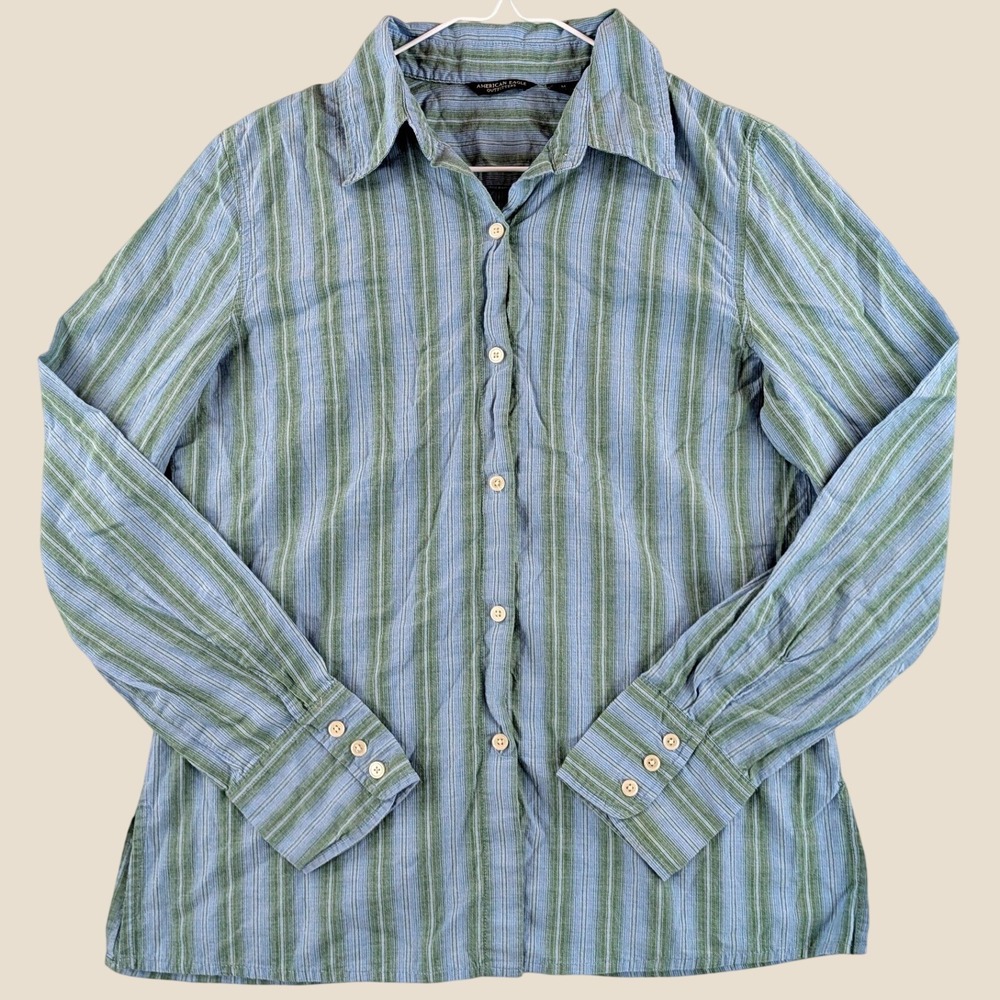 Vintage American Eagle Mens M Blue Green Striped Cotton Button Down Shirt HK